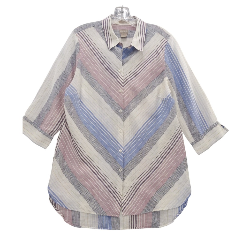 Chico's No Iron 100%‎ Linen Tunic Top Chevron Striped Button Down Sz 1 M